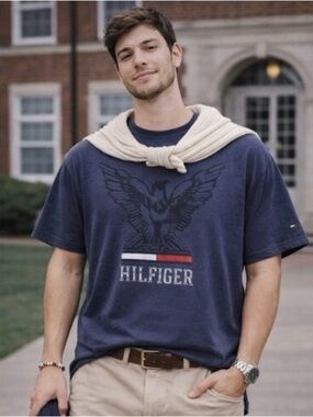 TOMMY HILFIGER Y2K Navy Blue Eagle Crest Graphic Tee Embroidered Logo Sz L  Prep